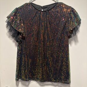 Flying Tomato Sequin Black Top with Ruffle Sleeves